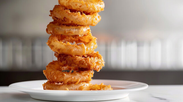 Crispy onion rings stacked in a tall column, golden brown texture perfect for appetizer menu visuals and casual food photography
