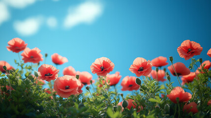 Obraz premium Bright red poppies dance under a vast blue sky on a warm sunny day, creating a vibrant tapestry of nature's beauty