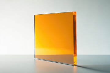A vibrant orange glass panel stands upright on a neutral background, showcasing its translucent and reflective qualities.