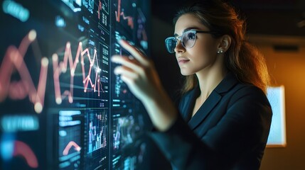 a focused woman in glasses analyzes data displayed on a large screen. She is touching the screen as if to interact with the information, suggesting a complex analysis and investigation