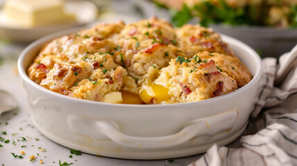 Egg and bacon hash muffin sliced open with visible layers, hearty breakfast concept great for food truck promotions and morning cafe menus