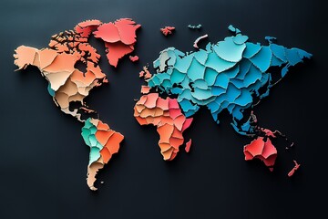 Colorful abstract world map with textured continent shapes on dark background