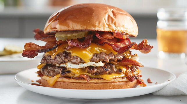 Fried egg burger with melted cheddar and bacon, hearty stacked burger ideal for diner menus, breakfast specials and food truck branding