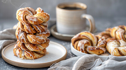Naklejka premium Glazed cinnamon twists stacked beside coffee, spiral shape and sugary coating ideal for cozy dessert visuals and coffee shop menus