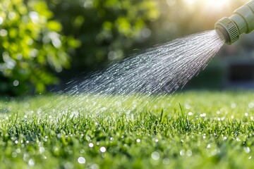 Sunlit garden hose watering vibrant green lawn in summer morning