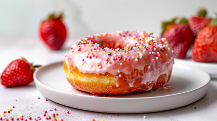 Glazed strawberry donut with sprinkles, vibrant pink glaze perfect for dessert ads, kids menus and sweet food photography