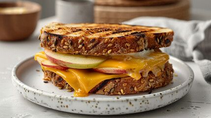 Grilled cheddar and apple sandwich with golden crust, sweet and savory fusion ideal for fall menus and cozy lunch features