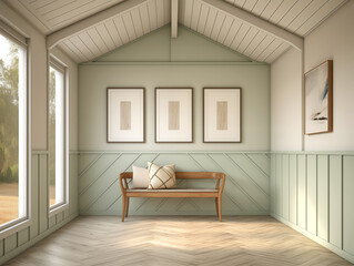 Fototapeta premium Modern hallway with wainscotting wall panelling in neutral and light sage. Hall with wood panels, minimalist natural wood furniture and artwork on the wall.