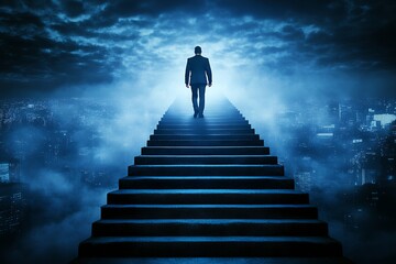 Silhouetted male ascends mystical stairway above city at night