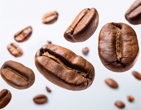 granos de cafe arabica tostados levitando en el aire fondo blanco