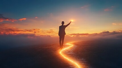 a person is walking towards the light with a colorful sky