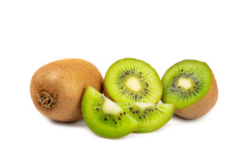 Kiwi isolated on white background. Whole fruit and slices pieces of kiwi on white background. fresh...