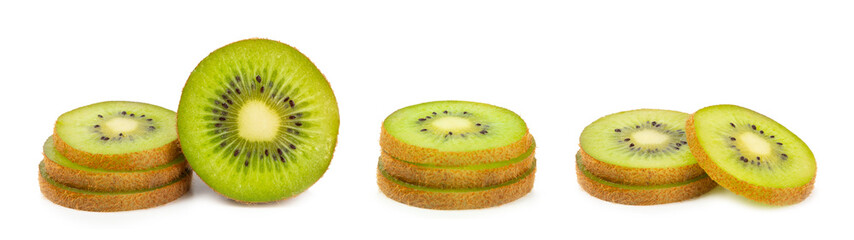 Kiwi isolated on white background. Whole fruit and slices pieces of kiwi on white background. fresh...