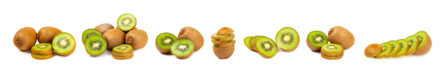 Kiwi isolated on white background. Whole fruit and slices pieces of kiwi on white background. fresh...