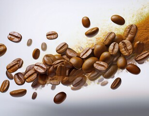 Obraz premium granos de cafe arabica tostados levitando en el aire fondo blanco