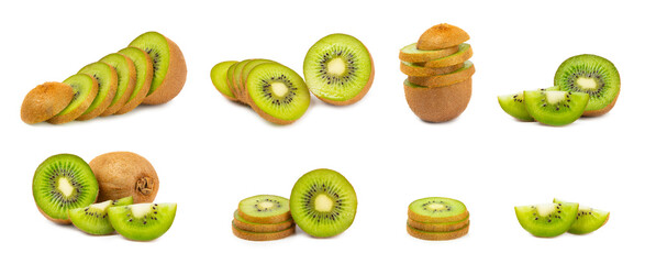 Kiwi isolated on white background. Whole fruit and slices pieces of kiwi on white background. fresh...