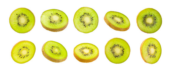 Kiwi isolated on white background. Whole fruit and slices pieces of kiwi on white background. fresh...