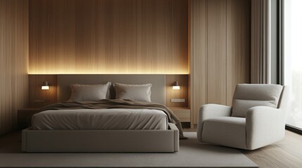A minimalist bedroom with warm wood paneling on the walls and a neutral-toned bed
