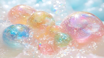 Iridescent bubbles floating on water.