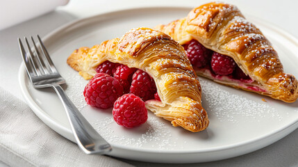Raspberry danish pastry on white ceramic plate, swirled fruit center perfect for bakery marketing and sweet pastry visuals