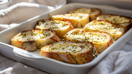 Rustic garlic bread slices with melted butter and herbs, savory side dish visual perfect for Italian restaurant branding