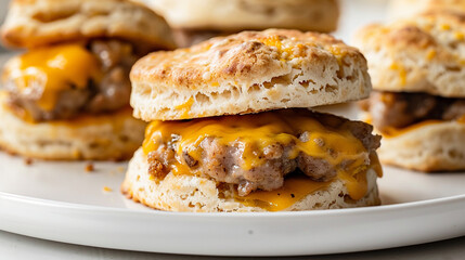 Sausage cheddar breakfast biscuit with golden crust and melted layers, classic breakfast sandwich perfect for morning menus