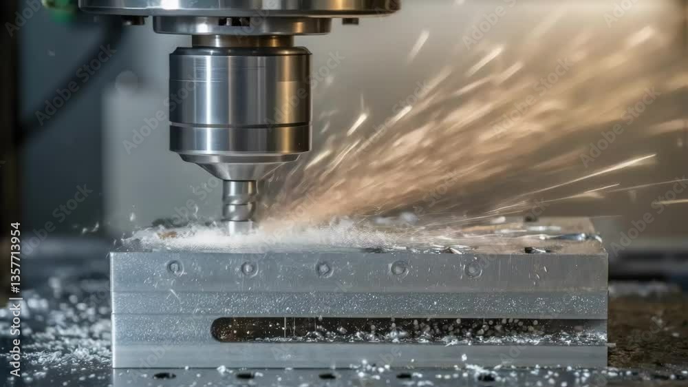 Poster A closeup of a CNC machines ting tool entering a block of metal with fine details of the shavings emerging portraying the craftsmanship involved in the machining.