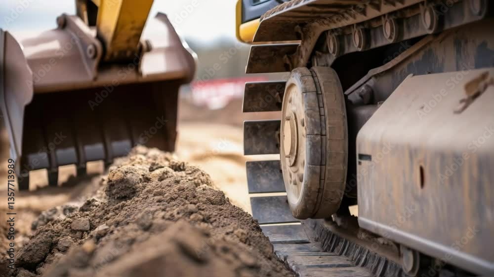 Poster A closeup of a bulldozers tracks the heavy treads embedded deep into loose soil as it pushes a mound of earth forward capturing the essence of raw power.