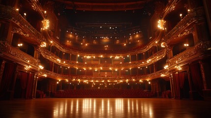 Ornate theater stage, dimly lit, showcasing opulent architecture and empty red seats