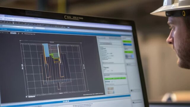 A closeup of a computer screen showing a complex CAD software interface filled with layers and 3D models with faint reflections of an engineer observing it from the side.