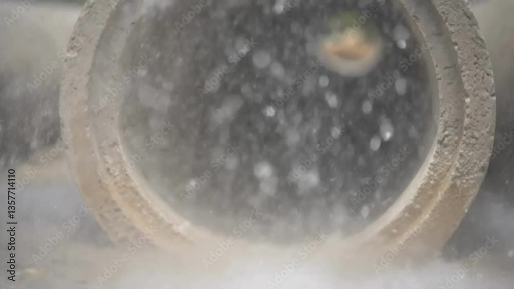 Poster a closeup of a concrete pipe being vibrated to eliminate air bubbles with droplets of concrete splas