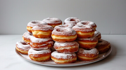 Stack of powdered mini donuts placed on white surface, nostalgic sweet treat perfect for bakery displays and dessert-themed marketing
