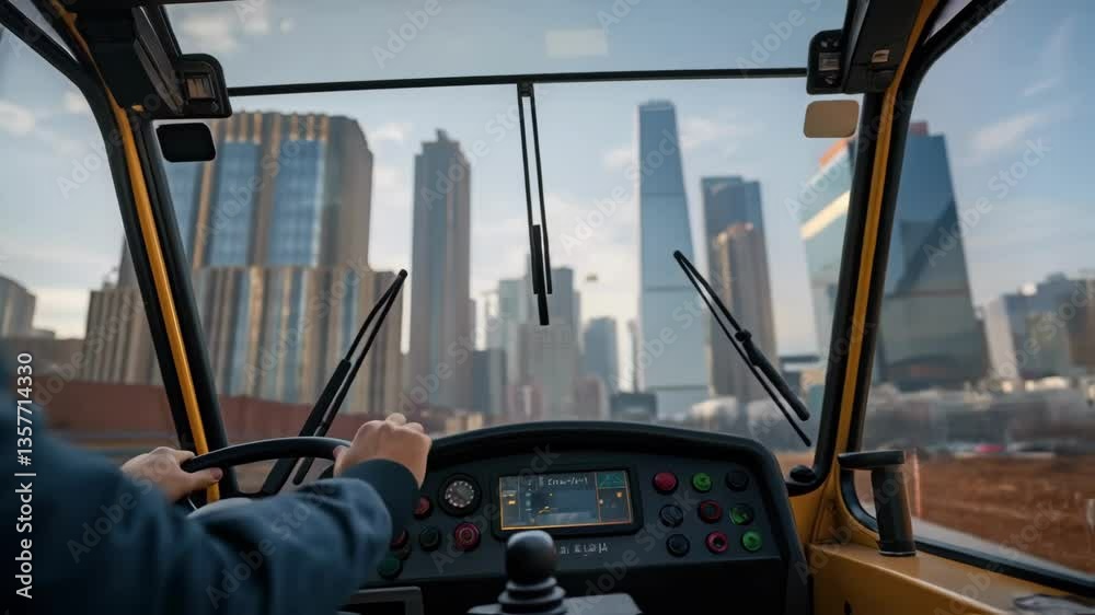 Aufkleber A closeup of a crane operator inside the pit hands on the controls with the city skyline visible through the windshield emphasizing the complexity of urban construction.