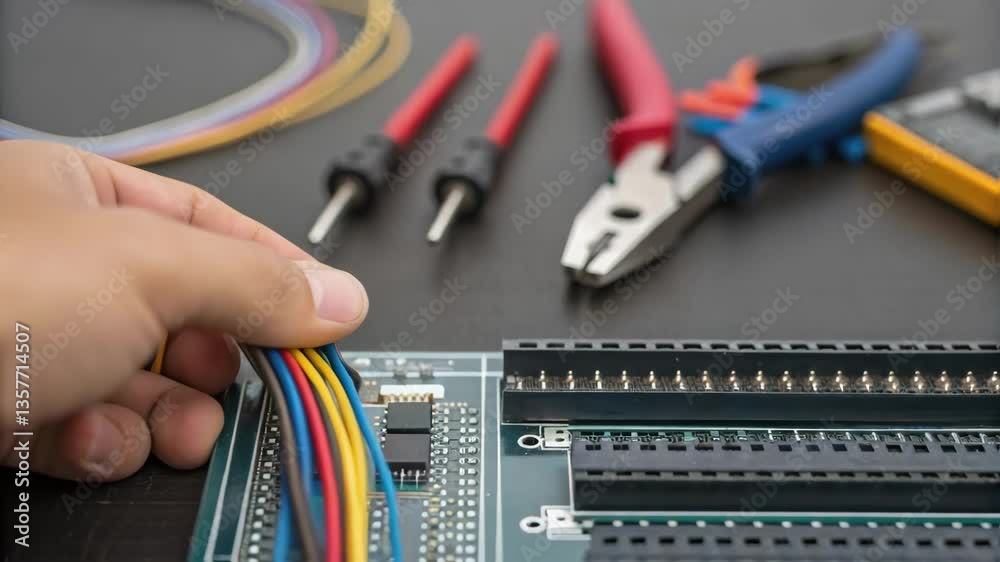 Aufkleber A closeup of a hand adjusting a series of interconnected wires on a circuit board with tools like pliers and screwdrivers resting on a workbench highlighting the precision required