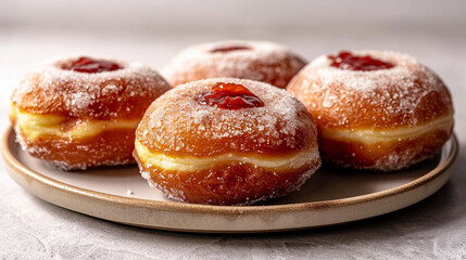 Strawberry jam-filled donuts with sugar dusting, rich red filling oozing from golden crust, perfect for bakery ads and sweet treat visuals