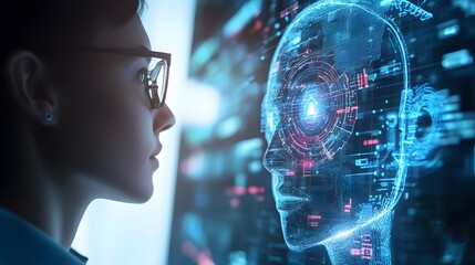Fototapeta premium A woman in glasses looks at the artificial intelligence which is in front of her