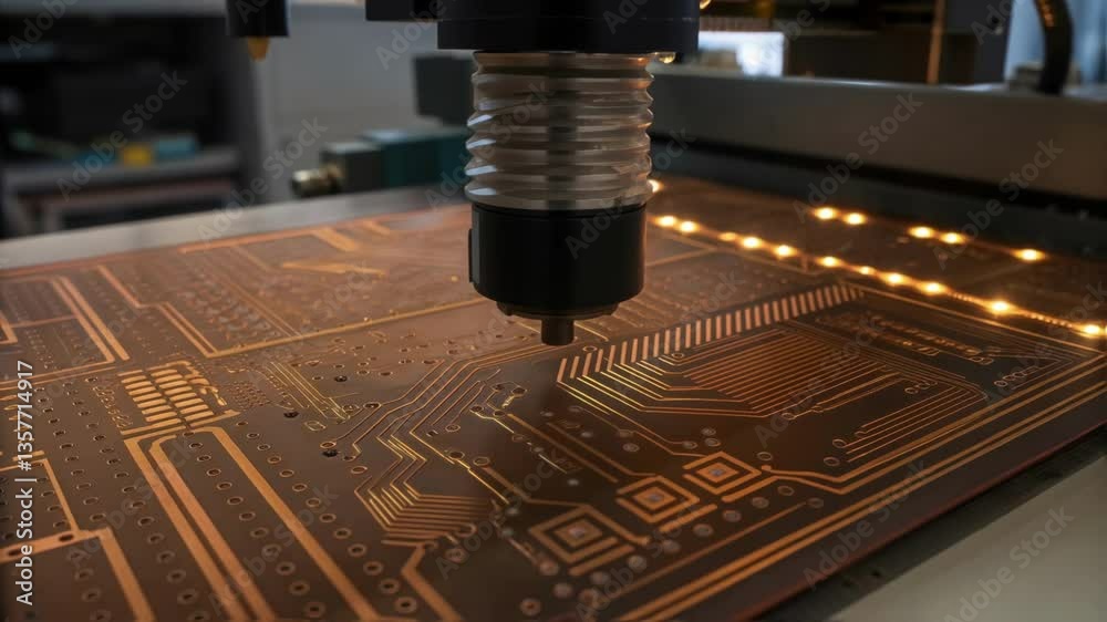Aufkleber A closeup of an artistically illuminated printed circuit board with intricate patterns of copper traces emphasizing high precision in design and manufacturing.