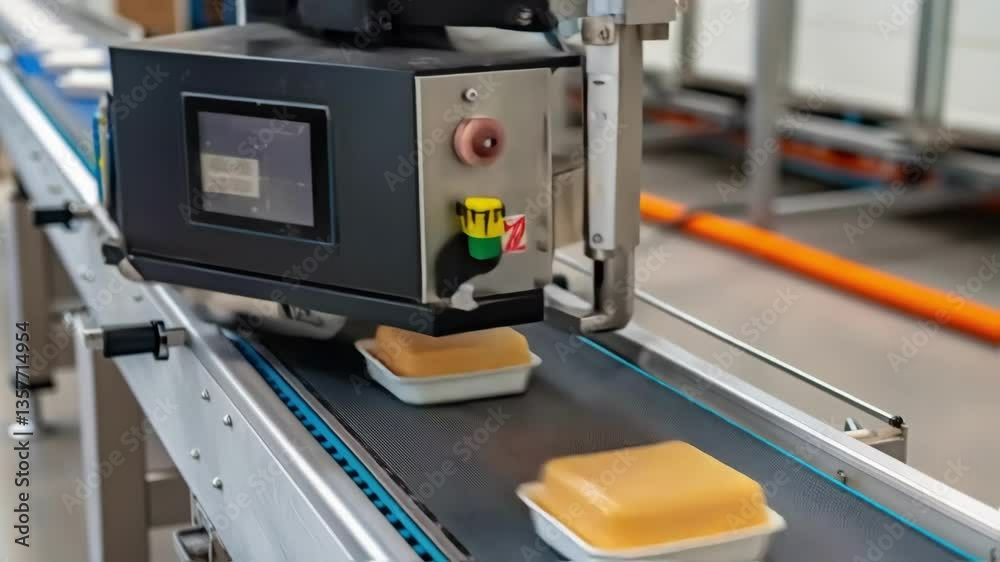 Aufkleber A closeup of an automated conveyor belt feeding items to a weighing system with focus on the smooth operation and alignment of the products being weighed.
