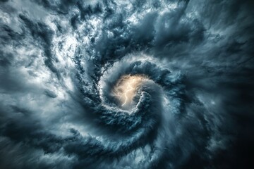 Dramatic swirling storm clouds with central lightning strike