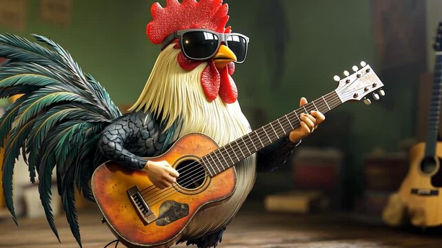 Funny rooster playing acoustic guitar in room with guitars