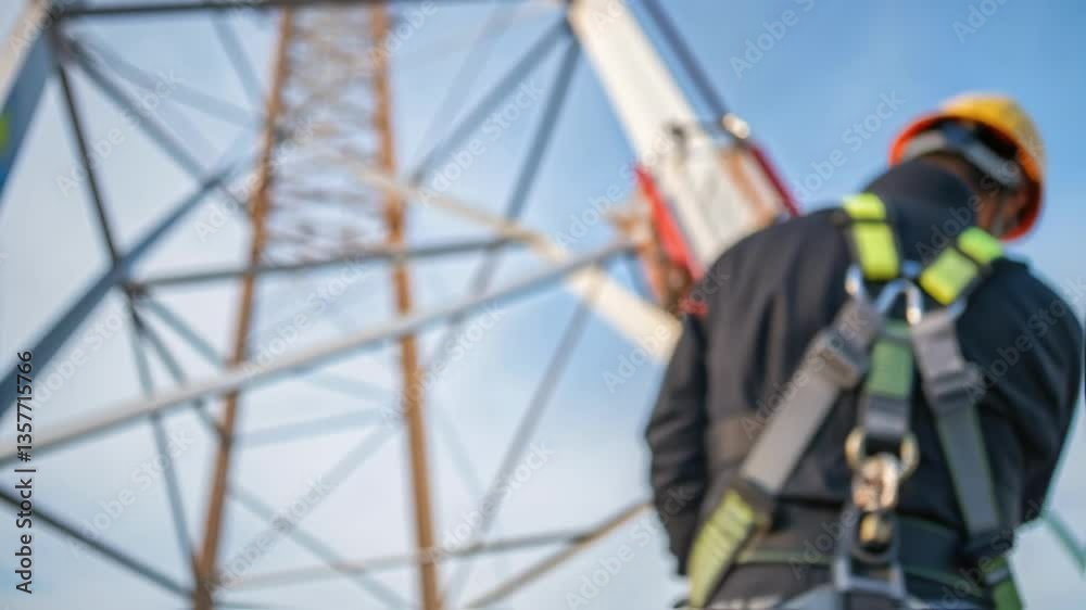 Poster A closeup of a safety harness attached to a worker showcasing the intricate ss and clips while they prepare to ascend a transmission tower.