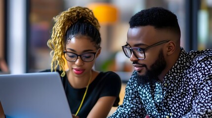 Two colleagues discussing a project, both are wearing glasses, using a laptop together