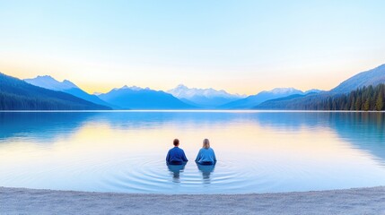 Tranquil lake scene with couple