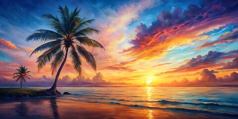 Naklejka premium Panoramic Watercolor Palm Tree Sunset - Tropical Beach Landscape