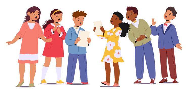 Cute talented preschool kids characters singing song in choir standing together isolated on white