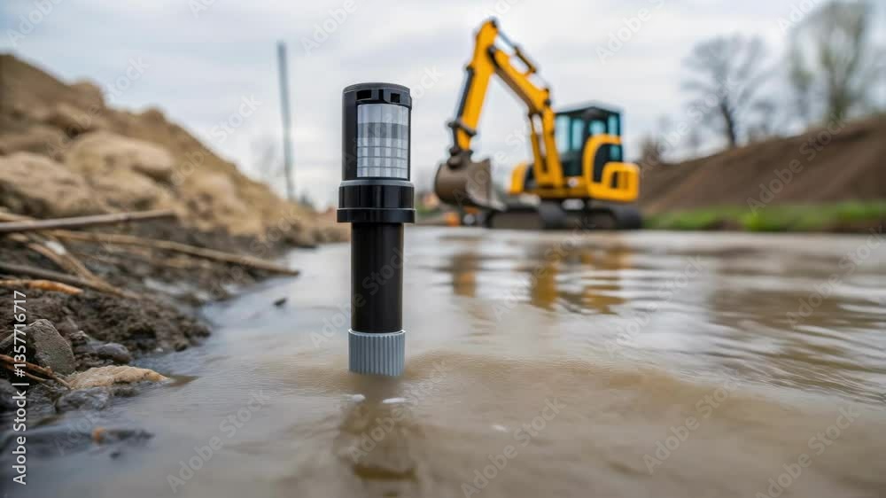 Poster A closeup of a water turbidity sensor submerged in a stream with a blurred view of construction equipment in the background causing runoff concerns.