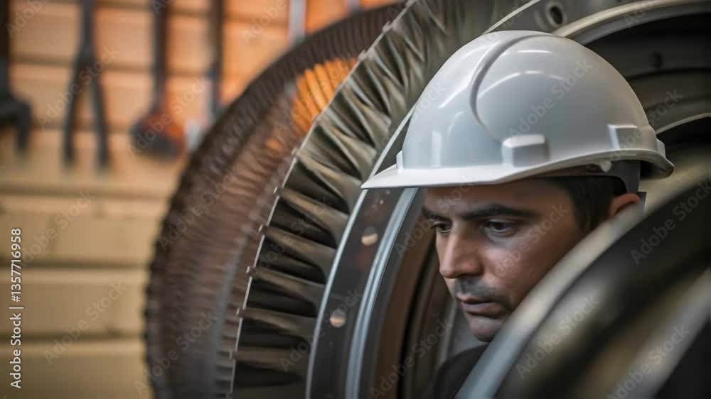 Poster A closeup of a workers face partially obscured by a helmet deep in concentration while examining a turbine casing with tools hanging in the background.