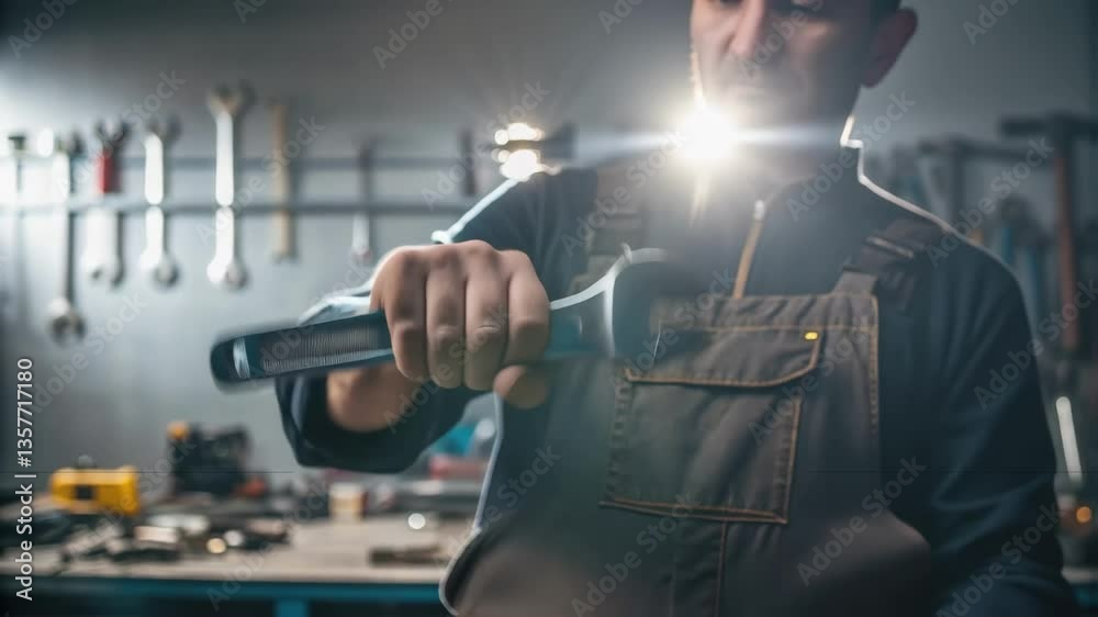 Aufkleber A closeup of a workers hands gripping a tool firmly with a bright workspace illuminated in the background illustrating industriousness.