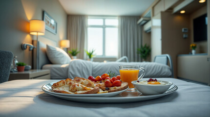 A tray of food is on a bed in a private hospital room