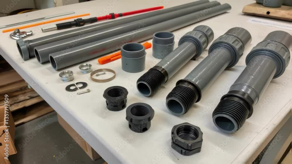 Poster A closeup of different types of connectors and fittings laid out on a bench illustrating the various components needed for stormwater drainage systems assembly.